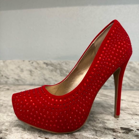 Red Glitter, Rhinestone Platform Pumps Sz - Picture 7 of 12